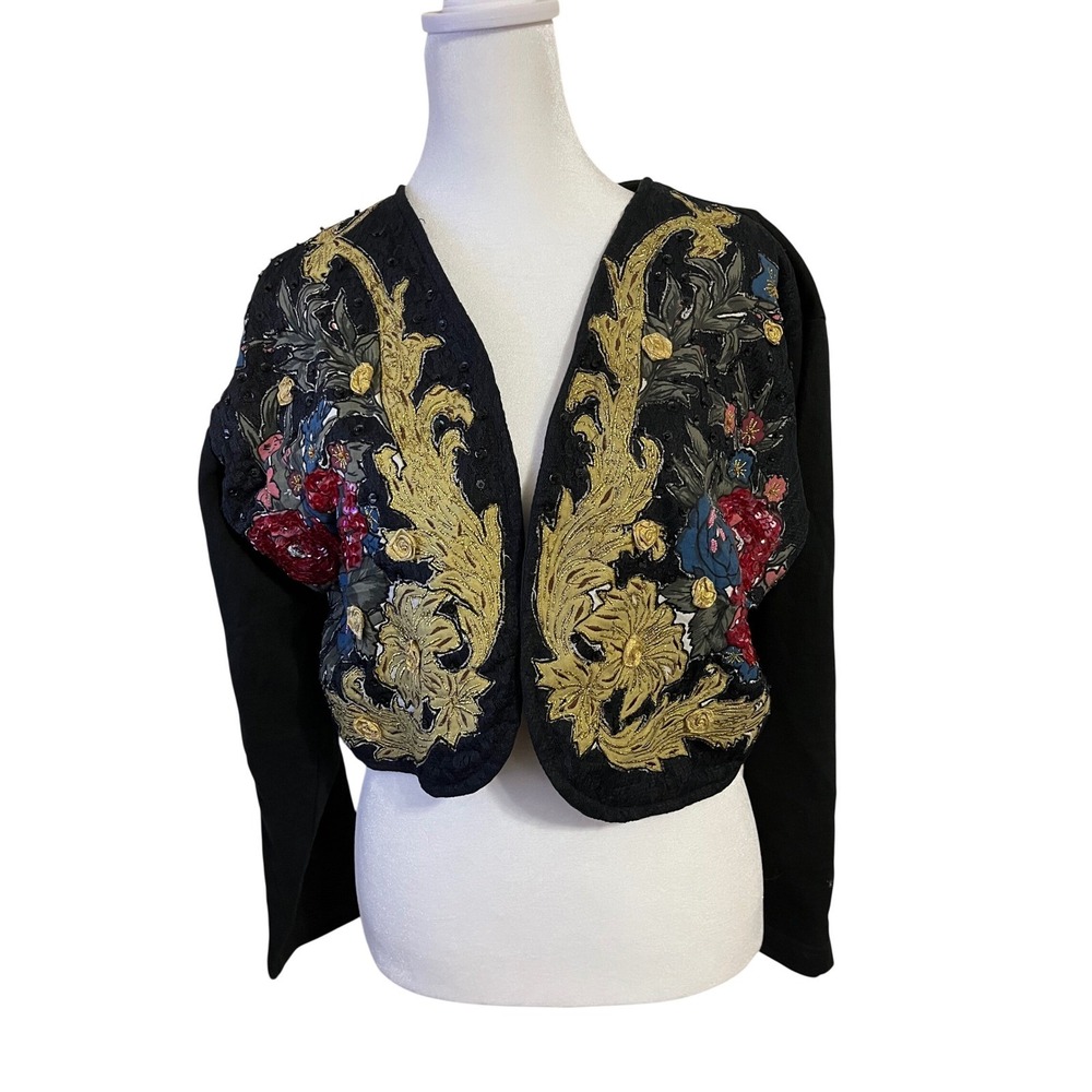 Vintage Jou Jou Black Cropped Jacket Floral Sequin Embroidered Bolero Medium